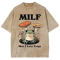 benber vintage Frog Mushroom Print Men And Women TShirts Unisex Wash Denim Fabric Oversized Short Sleeve Harajuku Vintage Top S