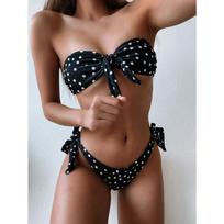 Women's Polka Dot Leopard Print Bandeau Bikini Set Knotted Front Side Tie Cheeky High Cut Sexy Retro Summer Beach Swimwear S juoda