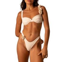 2Pcs/Set Women Bikini Set 3D Floral Decor Pleated Wire Padded Bra High Waist Briefs Set Solid Color Beachwear S smėlis