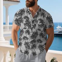 Men's Palm Tree Print Short Sleeve Shirt with Chest Pockets Casual Beach Style S pilka