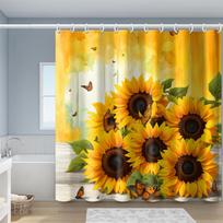 1pc Vibrant Yellow Sunflower & Butterfly Print Shower Curtain with Hooks, 100% Polyester, Retro Style, Machine Washable (as the picture,90X180CM)