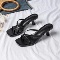 2026 Black Square Toe Thong High Heel Kitten Sandals for Women 39 juoda