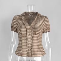 Checkered Shirt Vintage Coffee Color Pleated Black Fungus Edge Small Lapel Shirt S