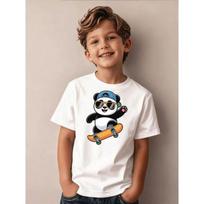 Boys Casual Trendy Skateboarding Panda Cartoon Graphic T Shirt 110 balta