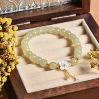 Tichia Hetian Jade & S925 Silver Cherry Blossom Tassel Bracelet S925 Silver