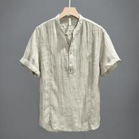 Men's Linen Blend Henley Shirt Short Sleeve Stand Collar Casual Top M