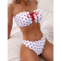 Bandeau Bikini Set Sexy Heart Print Lace Up Tie Front Scalloped Edge Strapless Two Piece Swimsuit Summer Beach Bathing Suit S balta