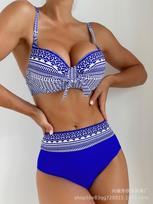 European and American sexy bikini print high waist women's split hard cup swimsuit S mėlyna