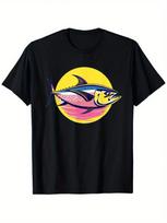 Vibrant Yellowfin Tuna 80s Retro Graphic T-Shirt - Unisex 100% Cotton Casual Tee, Black With Colorful Fish Design, Short Sleeve, Round Neck, All-Seaso S įvairiaspalvis