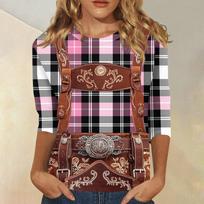 Women Casual Three Quarter Sleeve Oktoberfest Print Round Neck Top Faux Leather Suspenders Pattern Shirt Oktoberfest Style Blouse XL