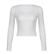 Women Fairy White Lace Trim Flower Long Sleeve Crop Tops U-Neck Solid Slim Fit T-shirts Tops S balta