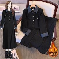Plus Size Elegant Chinese Style Fleece-Lined Polo Collar Dress Set for Autumn/Winter L fits [100-120 jin]