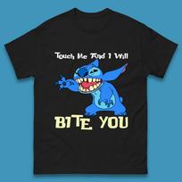 Touch Me And I Will Bite You Disney Stitch Angry Lilo & Stitch Cartoon Character Ohana Stitch Lover Mens Tee Top L blue