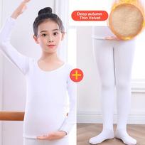 Fashion Winter Kids Thermal Underwear Suits Stretch Fleece Dance Tights Nude Color Warm Ballet Underwear Set S