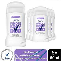 Sure Whole Body Deodorant Stick Rio Coconut with 48Hrs Odour Control 50ml,6 Pack