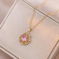 Vintage Jewelry Water Drop Shape Zirconia Necklaces Pink/Silver Luxurious Women's Sparkling Crystal Pendant Wedding