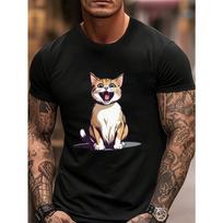 Men's Lovely Cat Print T-shirt, Summer Trendy Casual Short Sleeve Tees 2XL juoda