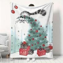 Heavyweight Flannel Fleece Throw Blanket - Soft Plush All-Season Cozy Cat   Christmas Tree Design with Red Bows,Golden 130x150cm51x59in