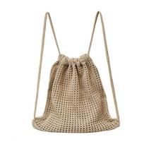 Solid Color Knitting Shoulder Bag Lazy Style Large Capacity Bohemian Crochet Backpack Versatile Hollow Out chaki