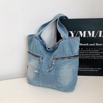 Denim Multi-pocket Tote Bag Women's Shoulder Handbag šviesiai mėlyna spalva
