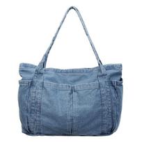 Retro Multi-Pocket Women Denim Shoulder Bags Lazy Style Large Capacity Ladies Casual Tote Thread Design Versatile Female Handbag šviesiai mėlyna spalva