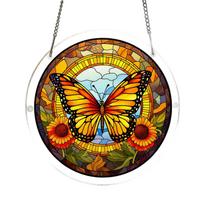 Acrylic Suncatcher Window Hanging Decoration Butterfly and Sunflower Design Round Shape with Chain for Indoor Outdoor Display One Size