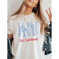Sardine Letter Print T-Shirt Women’s Short Sleeve Tee Cute Fish Print Vintage Minimalist Style for Daily Wear S