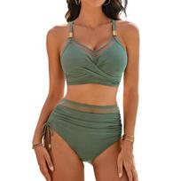 2Pcs/Set Women Summer Bikini Set V-Neck Sling Bra High Waist Side Drawstring Swimming Trunks Set Pool Vacation Wear XL armijos žalia spalva