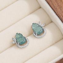 Tichia Blue Water Jade Gourd Stud Earrings for Women, S925 Sterling Silver, High-End Chinese Style Fu Lu Ornaments 925 Silver