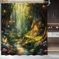 Fantasy Forest Shower Curtain Fairy Magical Enchanted Forest Waterfall Butterfly Garden Wonderland Nature Fabric Bathroom Decor (as the picture,W90xH180cm-35x70in)