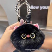Cute Cartoon Kitten Keychain: Real Rex Rabbit Fur Pendant