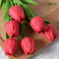 6Pcs High Quality Plastic Real Touch Tulips 34*3cm 10 Colors Simulation Flower Decoration Table Home Wedding Decor Home Decor raudona