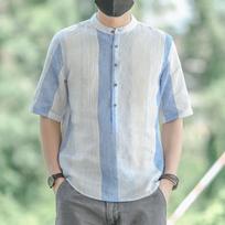 Men's Striped Linen Blend Henley Shirt, Short Sleeve Casual Stand Collar Button Down Shirt M