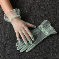 Wrist Transparent Women Tulle Gloves Ultra Thin Short Gauze Lace Gloves Full Finger Bridal Wedding Mesh Gloves Ladies šviesiai žalios spalvos