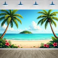 1pc Tropical Beach Sunset Background Banner - Vibrant palm trees and bluish-blue ocean scenes, beach-themed decoration 100x150cm