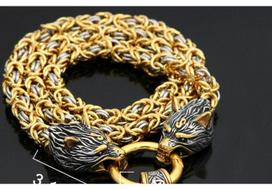 Viking Wolf Head Gold Thor's Hammer Two-Tone Stainless Steel Necklace vilko galvos spalva