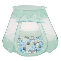 Selonis žaidimų palapinė 105x90cm/100 kamuoliukų pilis pop up ballpit plastikiniai kamuoliukai vaikams, mėtų:perlas/pilka/transparnet/babyblue/mėtinė 105x90cm/100 balls