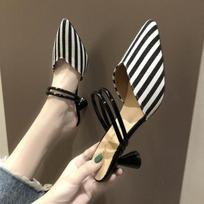 Lazy Pointed Toe Spike Heels Women Sandals Stretch Fabric Air Mesh Mules Solid Color Casual Lady Slides Slip On Outside Shoe 35