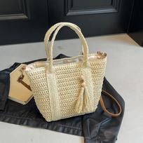 Šiaudų Raffia Beach vasaros austas krepšys su kutais, didelės talpos pečių krepšys, skirtas moteriškoms piniginėms ir rankinėms 35x11x25cm smėlis