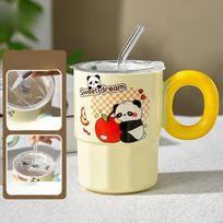 Panda Cute Girl Mug Ceramic with Lid Couple Large Capacity Drinking Water Handle Cup Straw Direct Drinking Dual Purpose 480ml