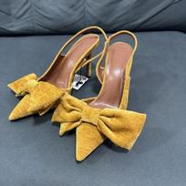 Fashion Yellow Velvet Pointed Toe Bow Mule High Heels Fashion Women Shoes 35