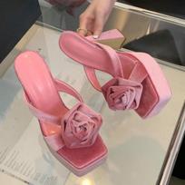 Fashion Chunky Platform Woman Slippers Velvet Rose Open Toe Wedding Banquet Sandals 13CM High Heels Slide Shoes Sandalias De Mujer 35 rožinė