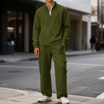 Men's Classic Casual Outdoor Activewear Set | Fleece Solid Color Quarter-Zip Stand-Collar Hoodie & Elastic-Waist Cargo Pants 2-Piece Outfit XXXL