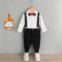 Boy's Formal Ensemble: Fleece White Shirt, Black Suit Pants, Vest, Page Boy Overalls, Performance Costume 140 cm