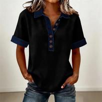 Denim Patchwork Shirts For Women Stand Collar Casual Blouse Short Sleeve Comfy Tshirt Spring Summer Fashion L