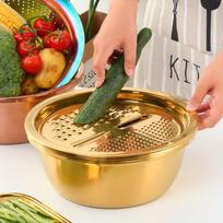 3-In-1 Stainless Steel Kitchen Set, Equipped with Built-in Grinding, Multifunctional Filter, and Mixing Bowl auksinė