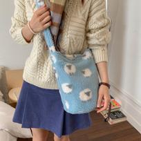 Fair Island Faux Lamb Wool Women's Bucket Shoulder Bags Winter Ladies Plush Underarm Bag Retro Dot Female Large Messenger Bag mėlyna