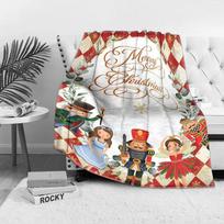 Nutcracker Ballet Christmas Fleece Blanket, Golden Merry Christmas Script with Character Collection, Classic Holiday Throw 75x90cm