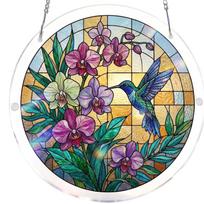 Stained Glass Window Panel Round Hanging Suncatcher with Floral Tulip Design for Home Decor Indoor Outdoor Ornament
