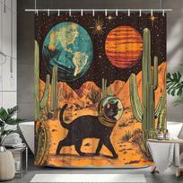 1pc Retro Space Cat Shower Curtain Astronaut Feline on Desert Planet Polyester Fabric Bathroom Decor Curta Accessories (as the picture,180x180cm)